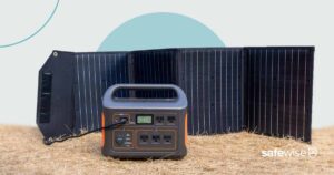 Portable Power Station With Solar Panels on a illustrated background.