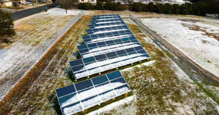 Solar panels covered in snow during winter storm in Austin, TX 2022