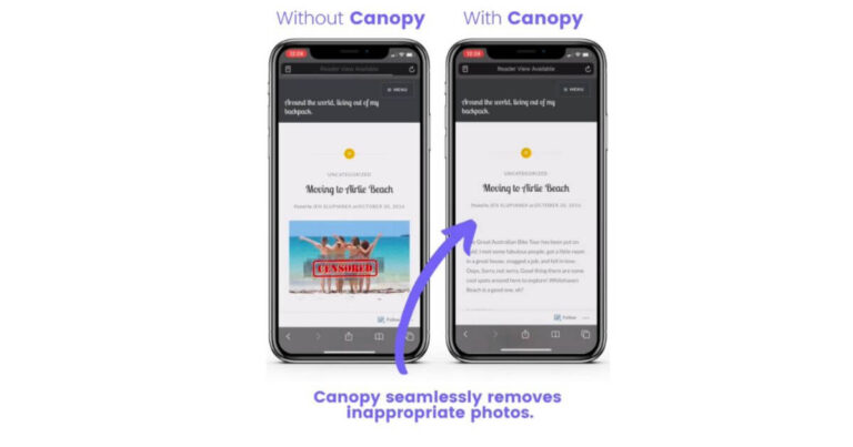 Side-by-side example of how Canopy blocks inappropriate images on a phone