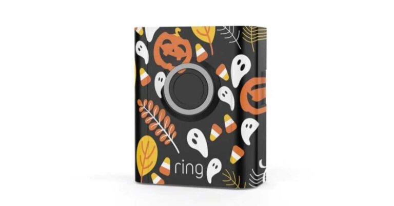 Ring video doorbell faceplate with ghosts, pumpkins, and candy corns for Halloween