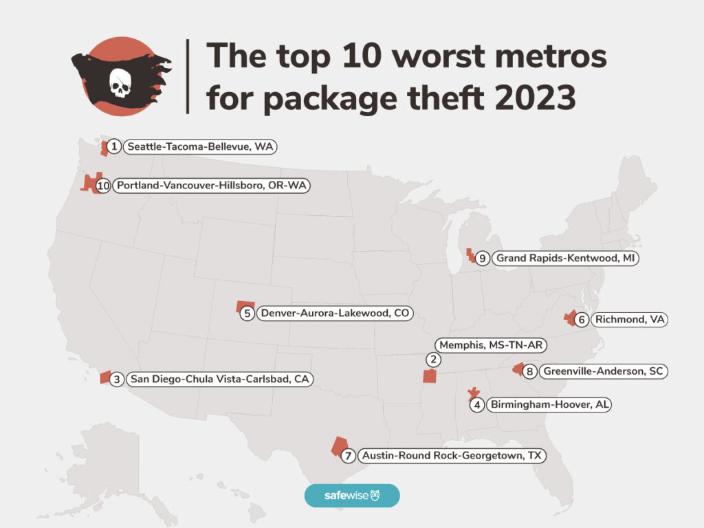 US map illustration of cities where porch pirates steal packages at the highest rates.