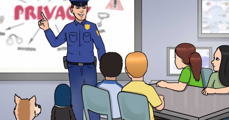 Illustration from the book "Hector and Cyber Adventures" by Renata Kaminska, showing a police office explaining online privacy and safety tips.