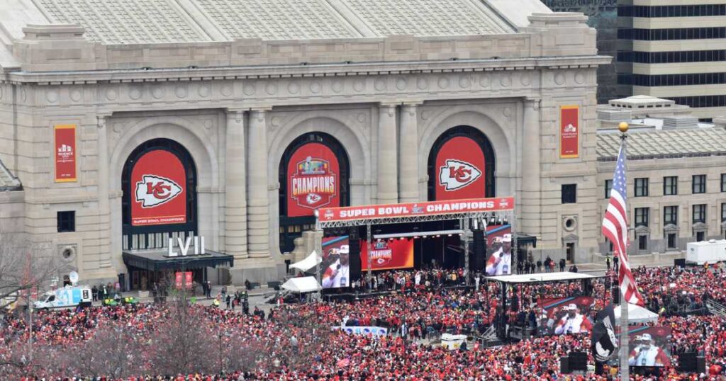 Kansas City Chiefs 2023 Super Bowl Parade Celebrations in Front and Inside of Union Station