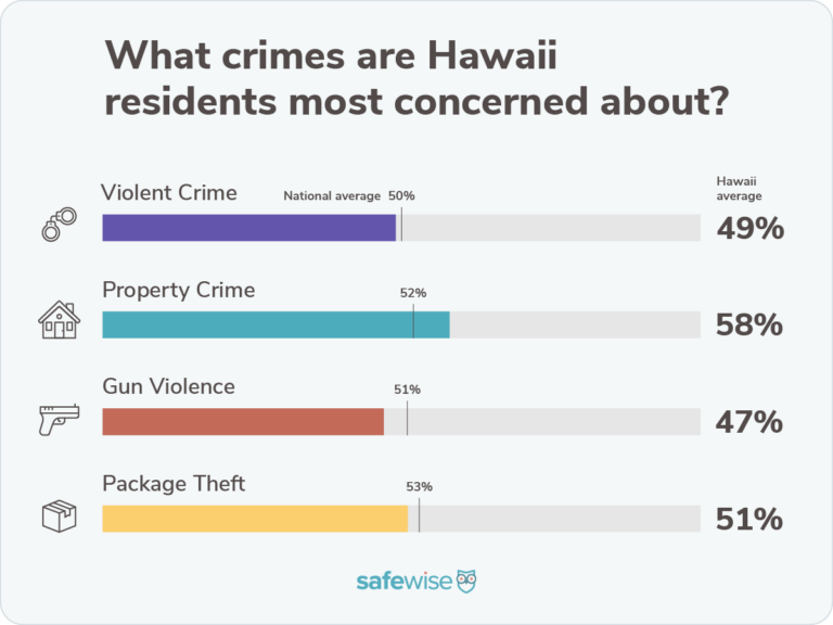 Bar chart showing percentages of how concerned state residents are about crime compared to the national averages for violent crime, property crime, package theft and gun violence.