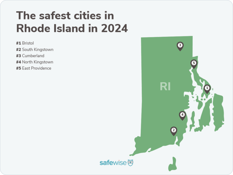 Silhouette of Rhode Island with pins marking where the safest cities are located.