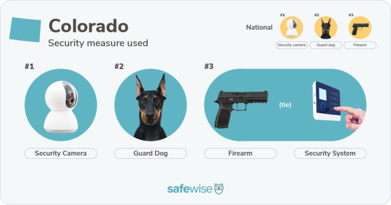 Security measures used most in Colorado: security cameras, guard dogs, firearms, security systems