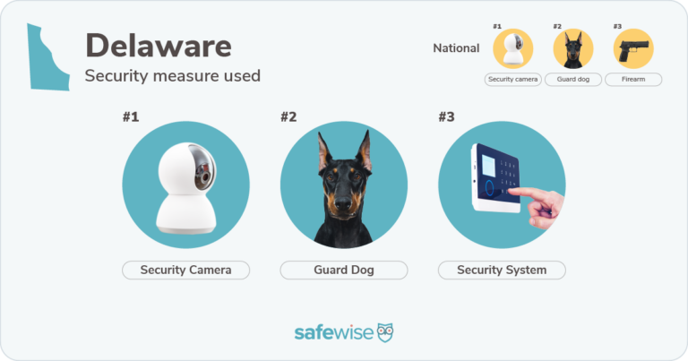 Security measures used most in Delaware: security cameras, guard dogs, security systems.
