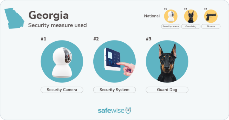 Security measures used most in Georgia: security cameras, security systems, guard dogs