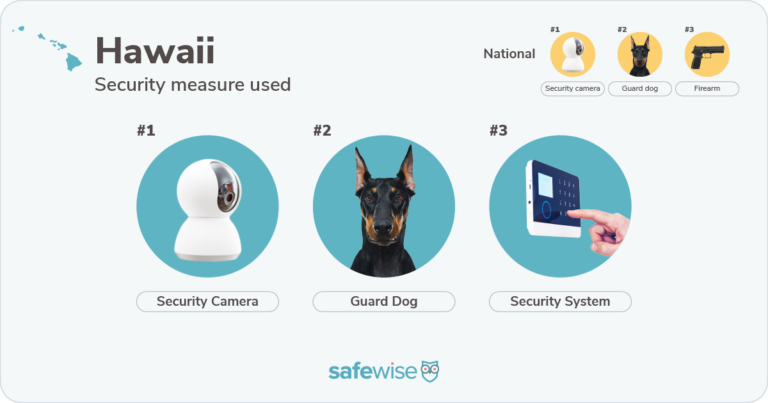 Security measures used most in Hawaii: security cameras, guard dogs, security systems