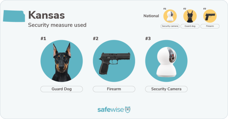Security measures most used in Kansas: guard dogs, firearms, security cameras.