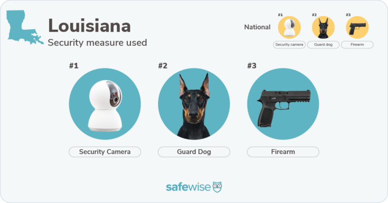 security measures used most in Louisiana: security cameras, guard dogs, and firearms.