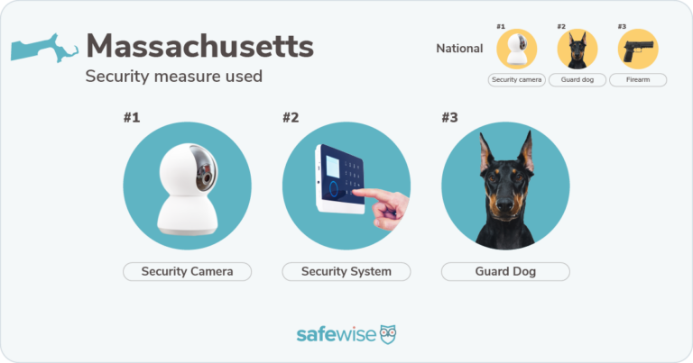 Security measures used most often in Massachusetts: security cameras, security systems, guard dogs.