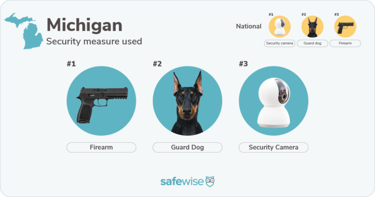 Security measures used most in Michigan: firearms, guard dogs, security cameras.