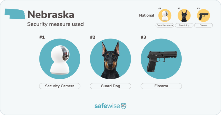 Security measures used most in Nebraska: security cameras, guard dogs, firearms.