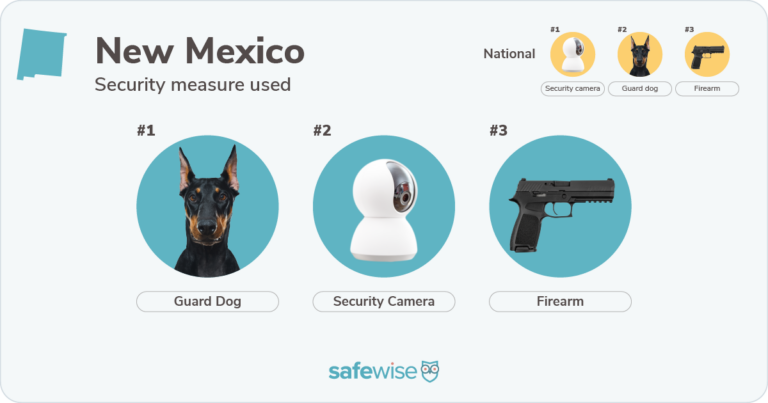 Security measures used most in New Mexico: Guard dogs, security cameras, firearms.
