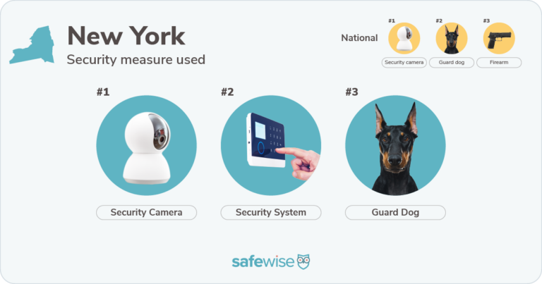 Security measures used most in New York: security cameras, security systems, and guard dogs.