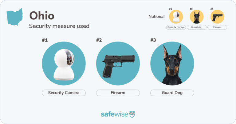 Security measures used most in Ohio: security cameras, firearms, guard dogs.
