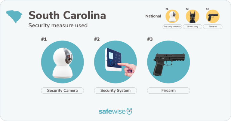 Security measures used most in South Carolina: security cameras, security systems, and firearms.