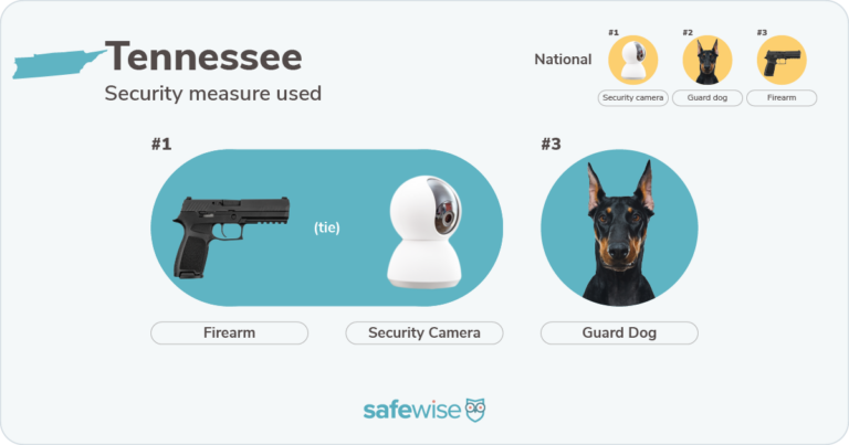 Security measures used most in Tennessee: firearms, security cameras, guard dogs.