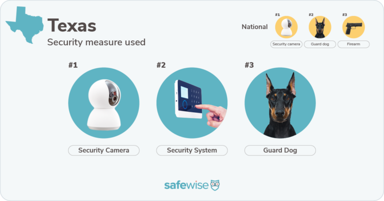 Security measures used most in Texas: security cameras, security systems, guard dogs.