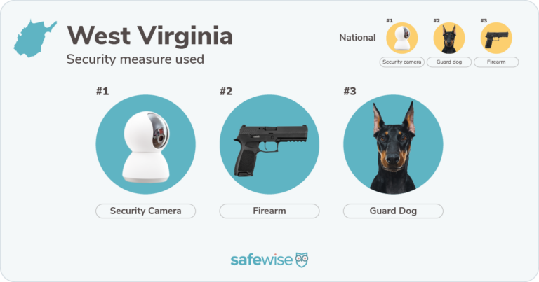 Security measures used most in West Virginia: security cameras, firearms, guard dogs.