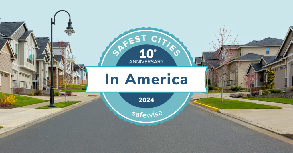 Houses in a neighborhood. 10th anniversary badge for safest cities in America