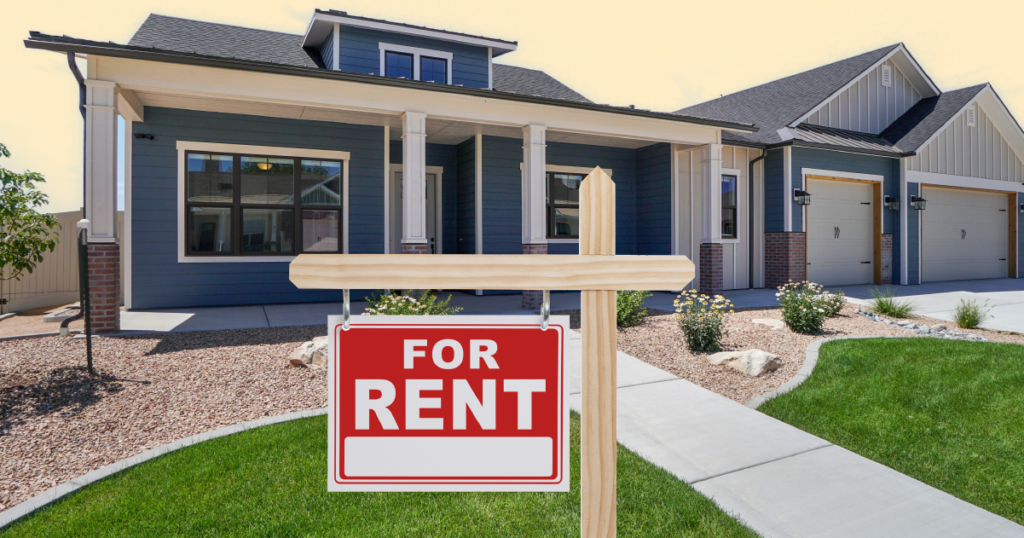 For Rent sign in front of new house stock photo