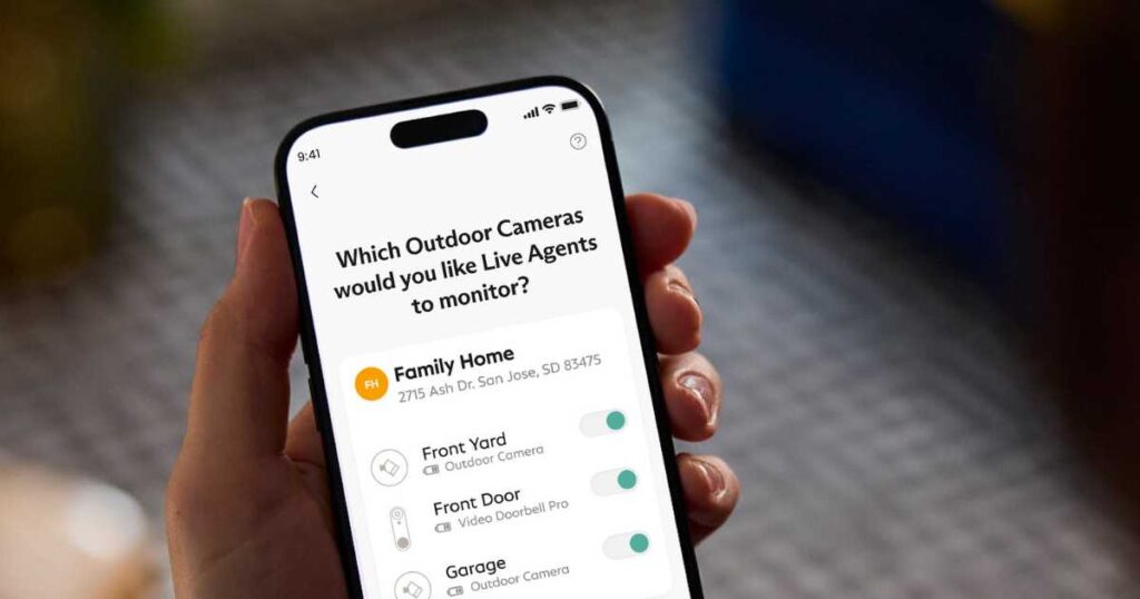 Screenshot of SimpliSafe app asking which outdoor cameras live agents should monitor