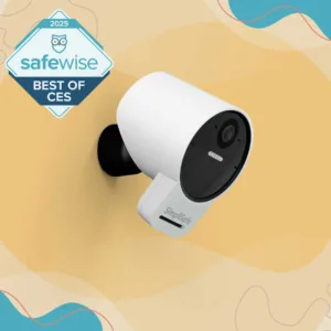 The SimpliSafe home security system, which won a SafeWise award at CES, displayed on a wall.