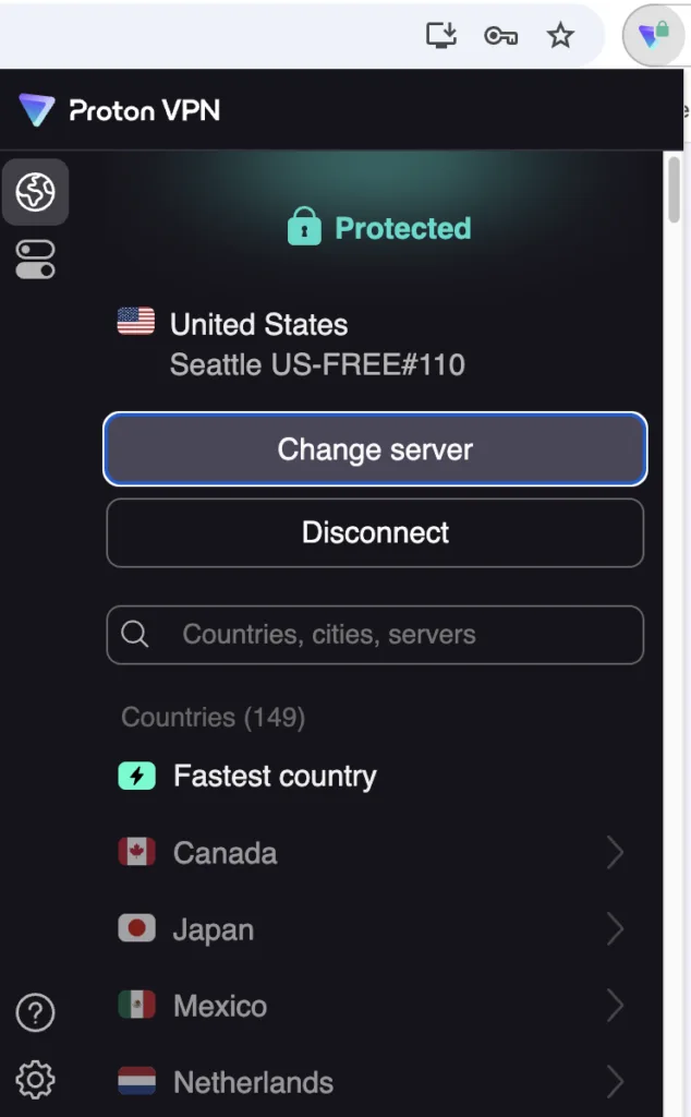 Screenshot of Proton VPN Chrome extension