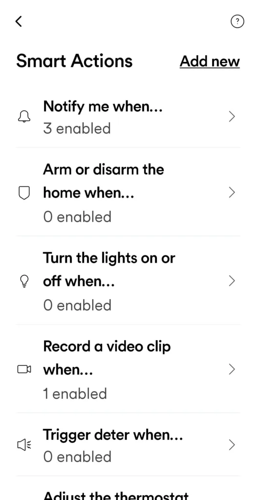 Screenshot of Vivint Smart Actions.