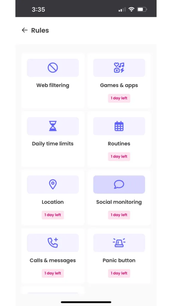 A screenshot from our tests showing the rules dashboard in the Qustodio parental control app.