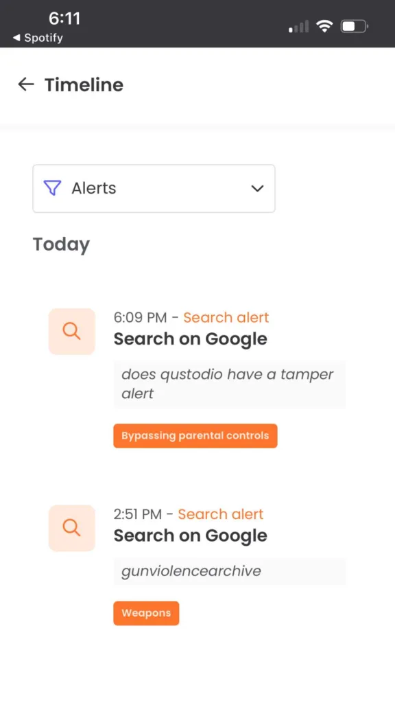 A screenshot from our tests showing what alerts look like in the Qustodio parental control app.