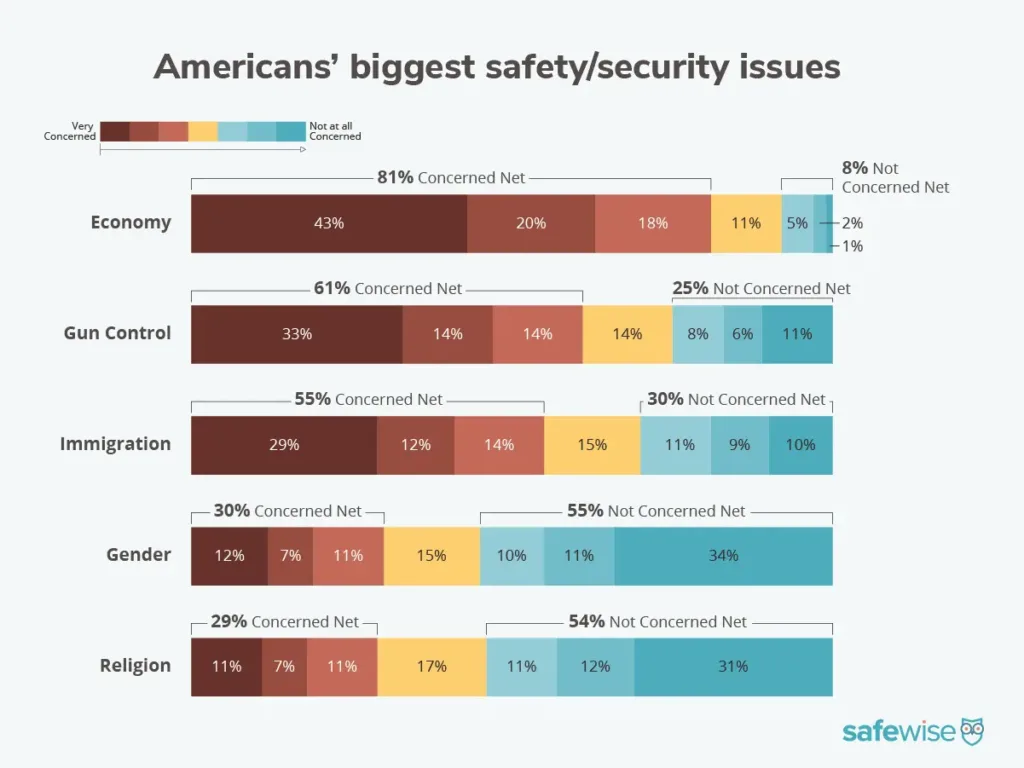 A bar graph showing Americans' biggest safety and security issues, according to the SafeWise State of Safety Survey. The economy is the most concerning issue, followed by gun control and immigration.
