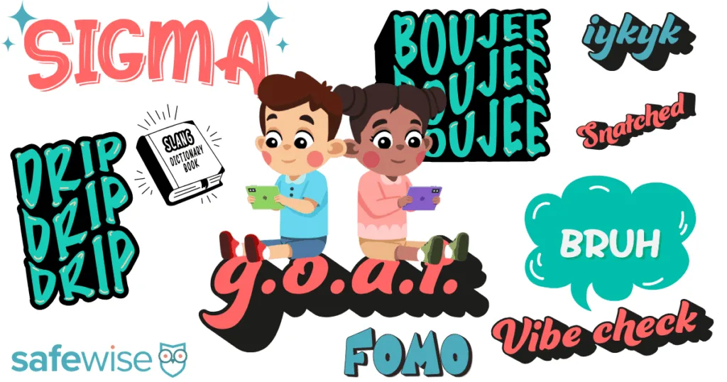 Texting slang and emojis parents should know. Two kids texting with slang words floating around them.