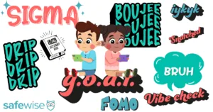 Texting slang and emojis parents should know. Two kids texting with slang words floating around them.