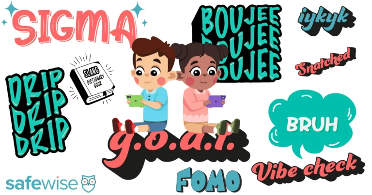 Texting slang and emojis parents should know. Two kids texting with slang words floating around them.
