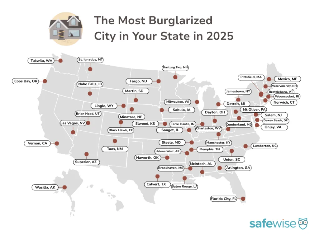 Map showing location pins for the city in each state with the highest burglary rate.