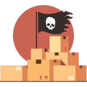 An illustration of a pile of packages with a pirate flag planted above them to indicate package theft/porch piracy.