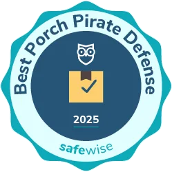 Badge showing that SafeWise picked SimpliSafe's Active Guard Outdoor Monitoring as the Best Porch Pirate Defense o 2025.