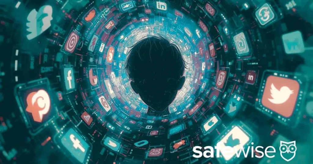 The world of social media is overwhelming and worrisome for parents and kids. Image depicts a swirl of social media and input coming at a silhouette of a child in the center. We have solutions to help parents navigate online dangers.