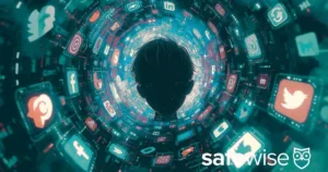 The world of social media is overwhelming and worrisome for parents and kids. Image depicts a swirl of social media and input coming at a silhouette of a child in the center. We have solutions to help parents navigate online dangers.