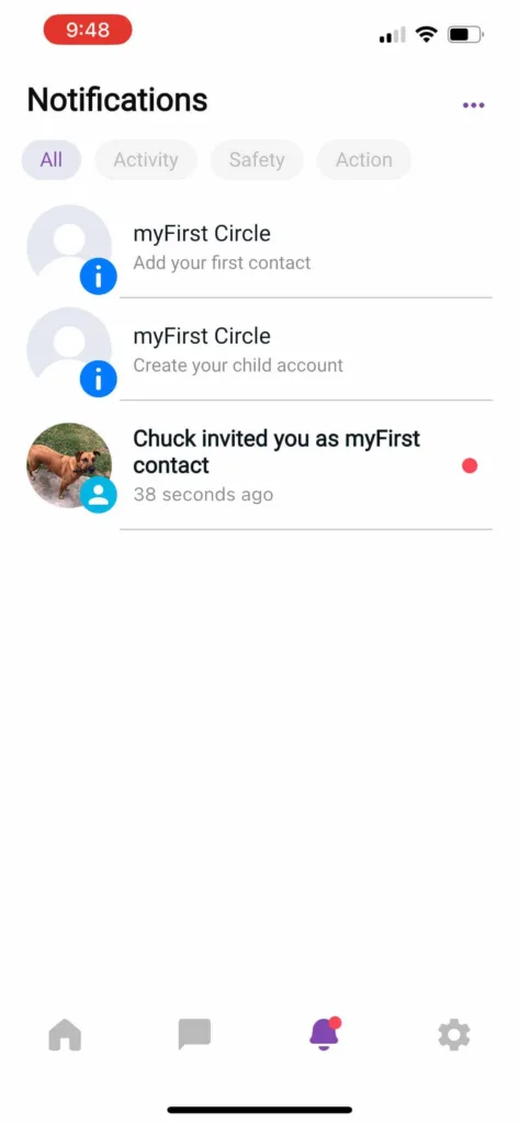 A screenshot of the notifications page in the myFirst Circle app.