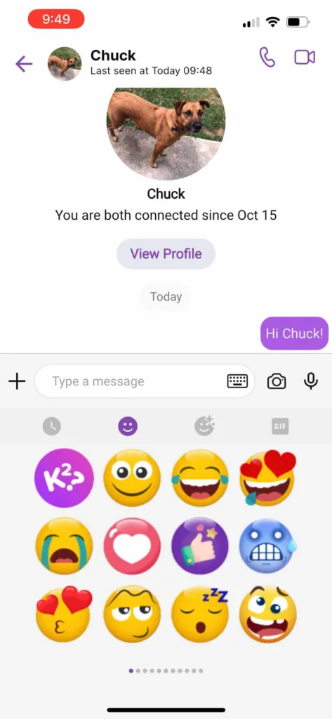 A screenshot of the chat screen in the myFirst Circle app, showing the keyboard and emoji stickers.