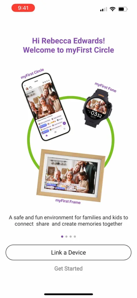 The welcome screen from the myFirst Circle app after it's installed and set up on your device.