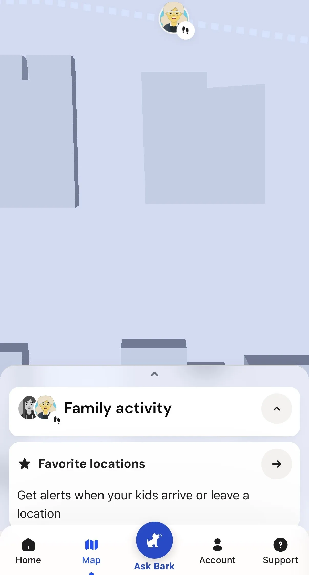 Bark app home screen showing family activity feature with cartoon parent and child avatars, favorite locations tracking option, and navigation menu with Home, Map, Ask Bark, Account, and Support tabs at the bottom.