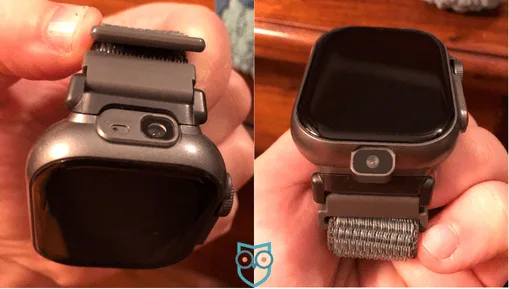 The selfie camera and rear-facing camera on the Pinwheel Watch