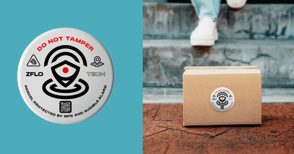 ZFLO device on the front of a package. It is a small disk that has a warning on it that it is an alarm.