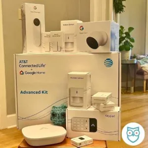 AT&T Connect Life Advanced Kit with hub, keypad, 4 door/window sensors, 2 motion sensors, keyfob, Google Nest Cam, and Google Nest Doorbell Cam.