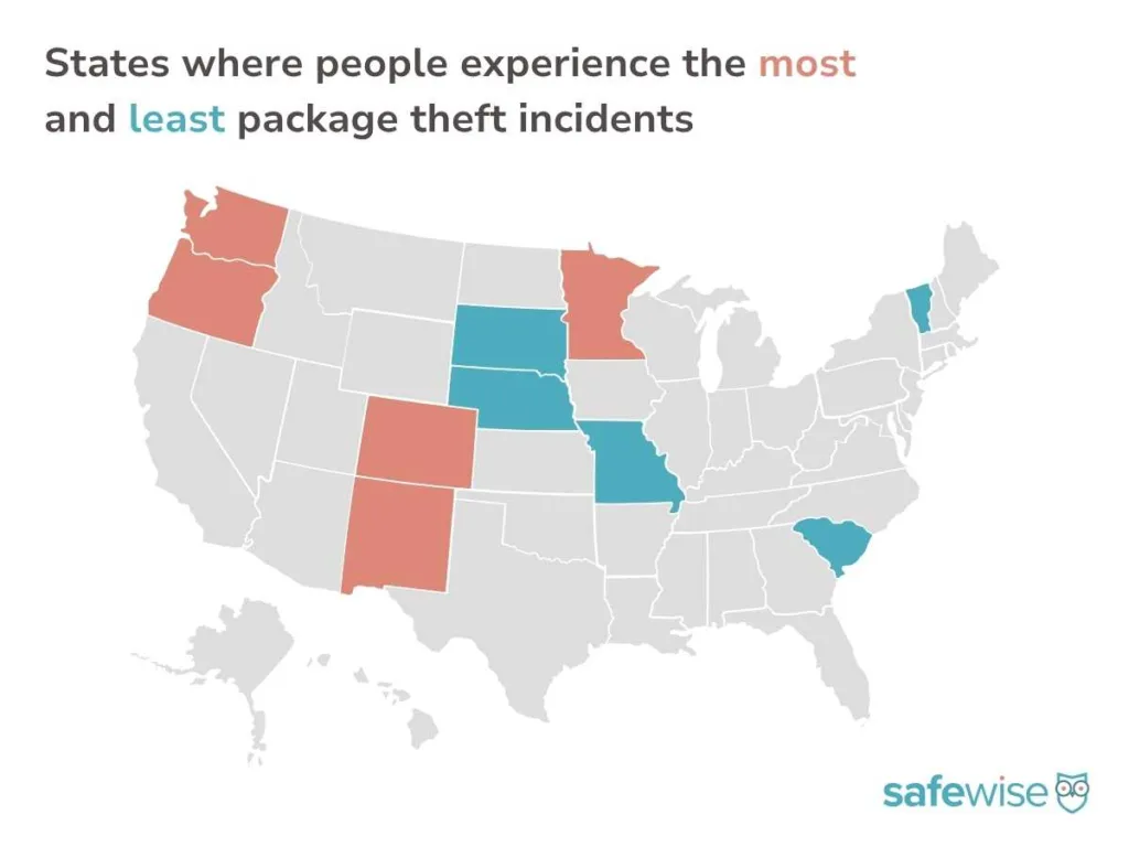 A map of the United States showing the states where people reported the most and least personal experiences with package theft, according to the SafeWise 2026 State of Safety Survey.
